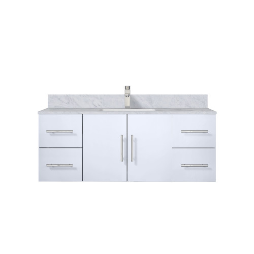 Lexora Geneva 48 in. W Glossy White Wall Mount Bath Vanity Cabinet, Carrara Marble Top, and Faucet Set