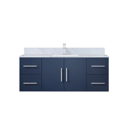 Lexora LVG48SE101 Geneva 48 in. W Navy Blue Wall Mount Bath Vanity Cabinet, Carrara Marble Top, and Faucet Set