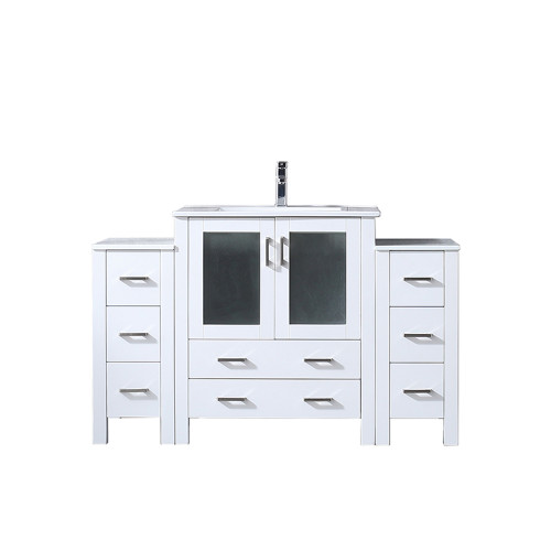 Lexora Volez 54 inch W White Vanity Cabinet with Side Cabinets, White Ceramic Top, and Faucet Set