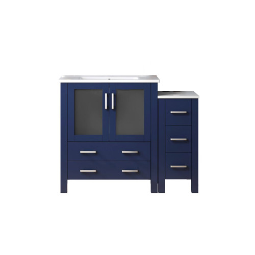Lexora LVV48S36E600 Volez 48 inch W Navy Blue Vanity Cabinet with Side Cabinet, and White Ceramic Top