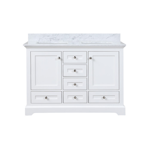 Lexora Dukes 48 in. W White Double Sink Vanity Cabinet, Carrara Marble Top,