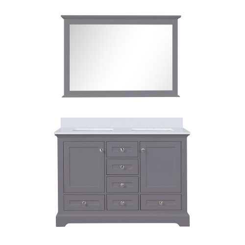Lexora Dukes 48 in. W Dark Grey Double Sink Vanity Cabinet, White Quartz Top, and 46 in. Mirror
