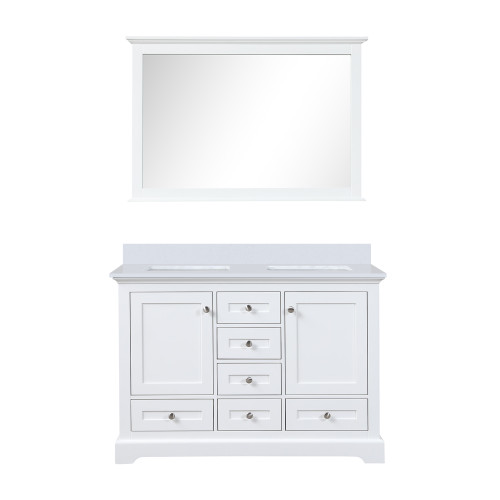 Lexora LD342248DAWQM46 Dukes 48 in. W White Double Sink Vanity Cabinet, White Quartz Top, and 46 in. Mirror