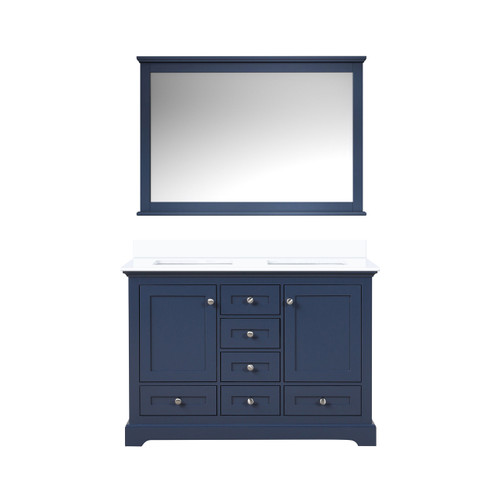 Lexora LD342248DEWQM46 Dukes 48 in. W Navy Blue Double Sink Vanity Cabinet, White Quartz Top, and 46 in. Mirror