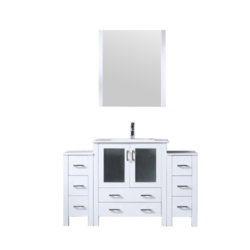 Lexora LV341854SAESM28F Volez 54 inch W White Bath Vanity Cabinet with Side Cabinets, Faucet Set, White Ceramic Top, and 28 in Mirror