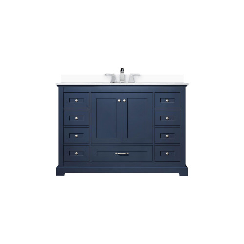 Lexora Dukes 48 in. W Navy Blue Vanity Cabinet, White Quartz Top, and Faucet Set