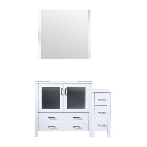 Lexora LVV48S36A610 Volez 48 inch W White Vanity Cabinet with Side Cabinet, White Ceramic Top, and 34 in Mirror