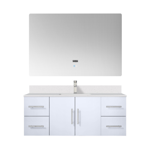 Lexora Geneva 48 in. W Glossy White Wall Mount Bath Vanity Cabinet, White Quartz Top, Faucet Set, and 48 in. LED Mirror