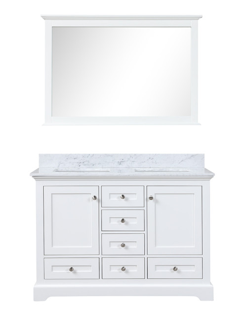 Lexora Dukes 48 in. W White Double Sink Vanity Cabinet, Carrara Marble Top, and 46 in. Mirror