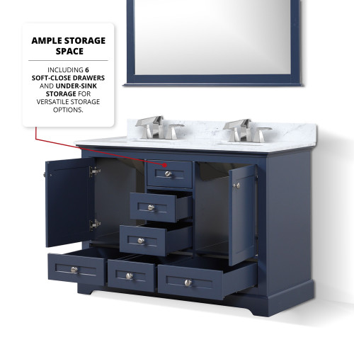 Lexora  LD342248DEDSM46 Dukes 48 in. W x 22 in. D Navy Blue Double Bath Vanity, Carrara Marble Top, and 46 in. Mirror