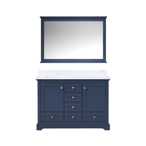 Lexora Dukes 48 in. W Navy Blue Double Sink Vanity Cabinet, Carrara Marble Top, and 46 in. Mirror