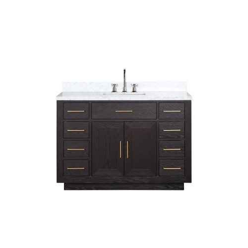 Lexora Abbey 48 inch W Black Oak Vanity Cabinet, Carrara Marble Top, and Faucet Set