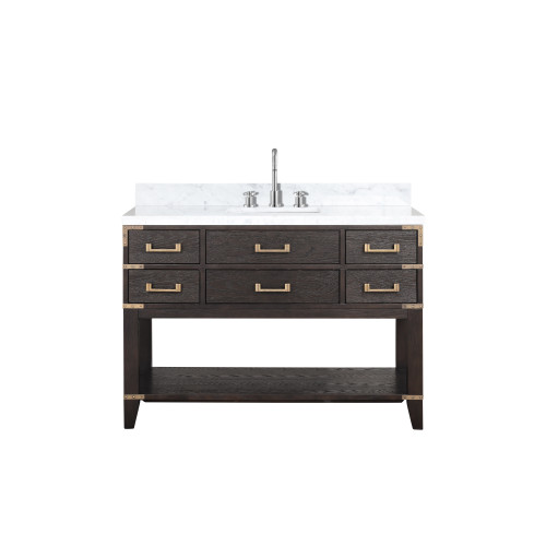 Lexora LVN48SK101 Norwalk 48 inch W Brown Oak Vanity Cabinet, Carrara Marble Top, and Faucet Set