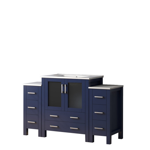 Lexora Volez 54 inch W Navy Blue Vanity Cabinet with Side Cabinets, and White Ceramic Top