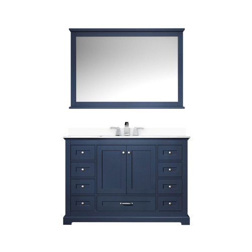 Lexora Dukes 48 in. W Navy Blue Vanity Cabinet, Cultured Marble Top, Faucet Set, and 46 in. Mirror