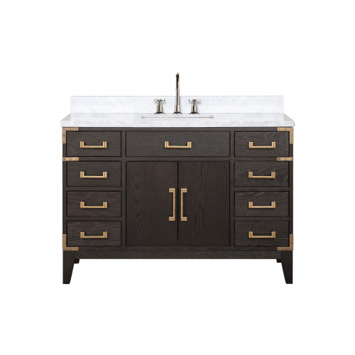 Lexora Laurel 48 inch W Brown Oak Vanity Cabinet, Carrara Marble Top, and Faucet Set