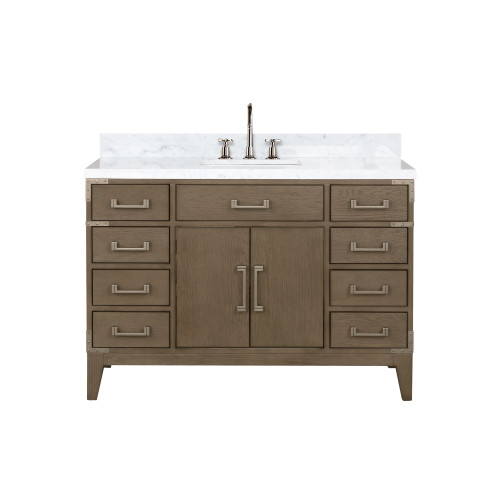 Lexora Laurel 48 inch W Grey Oak Vanity Cabinet, Carrara Marble Top, and Faucet Set