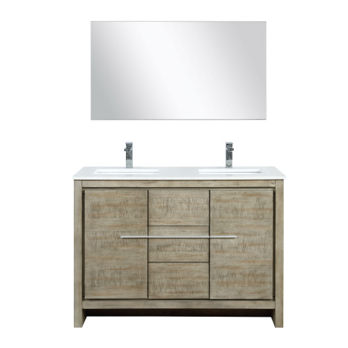 Lexora LLF48SKSOSM43FCH Lafarre 48 inch W x 20 in D Rustic Acacia Double Sink Vanity Cabinet, White Quartz Top, Chrome Faucet Set and 43 in Mirror