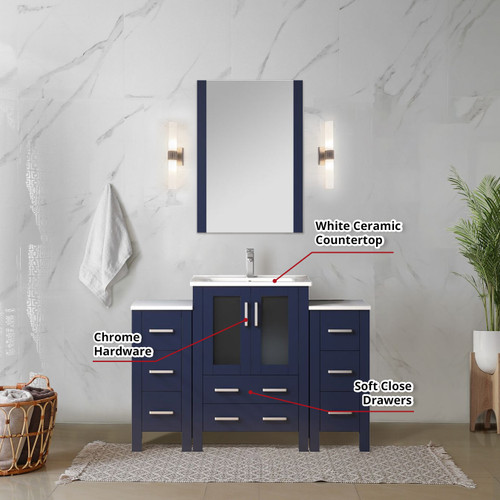 Lexora  LV341848SEESM22 Volez 48 in W x 18.25 in D Navy Blue Bath Vanity with Side Cabinets, White Ceramic Top, and 22 in Mirror