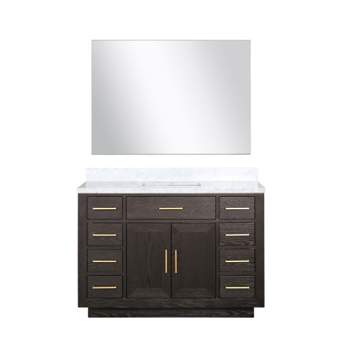 Lexora LVA48SK110 Abbey 48 inch W Brown Oak Vanity Cabinet, Carrara Marble Top, and 46 in Mirror