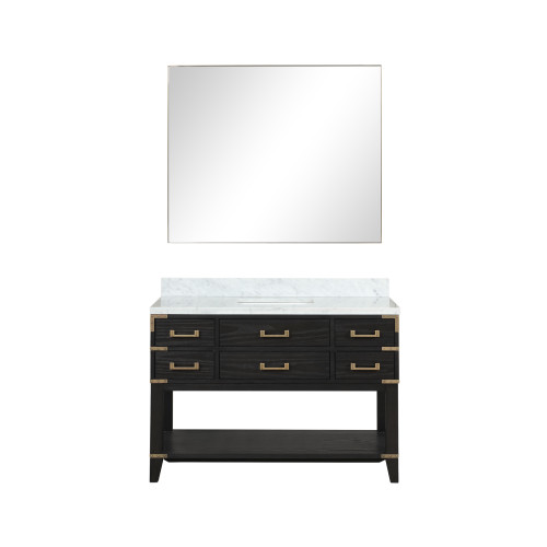 Lexora LVN48SJ110 Norwalk 48 inch W Black Oak Vanity Cabinet, Carrara Marble Top, and 46 in Mirror