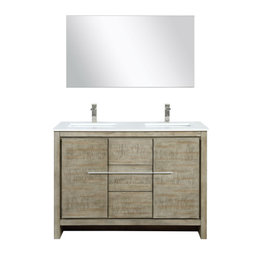 Lexora LLF48SKSOSM43FBN Lafarre 48 inch W x 20 in D Rustic Acacia Double Sink Vanity Cabinet, White Quartz Top, Brushed Nickel Faucet Set and 43 in Mirror