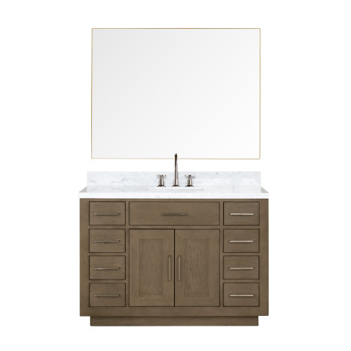 Lexora Abbey 48 inch W Grey Oak Vanity Cabinet, Carrara Marble Top, Faucet Set, and 46 in Mirror