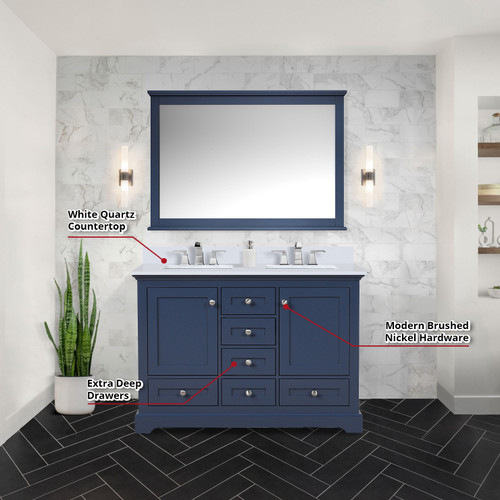 Lexora  LVD48DE201 Dukes 48 in. W x 22 in. D Navy Blue Double Bath Vanity, White Quartz Top, and Faucet Set