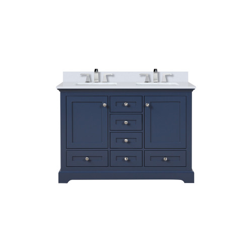 Lexora LVD48DE201 Dukes 48 in. W Navy Blue Double Sink Vanity Cabinet, White Quartz Top, and Faucet Set