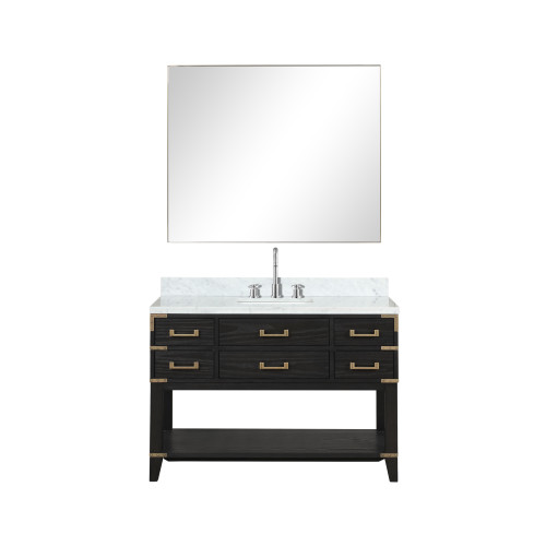 Lexora LVN48SJ111 Norwalk 48 inch W Black Oak Vanity Cabinet, Carrara Marble Top, Faucet Set, and 46 in Mirror