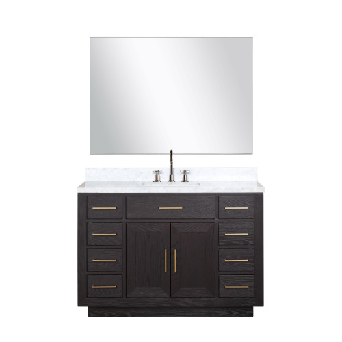 Lexora Abbey 48 inch W Black Oak Vanity Cabinet, Carrara Marble Top, Faucet Set, and 46 in Mirror