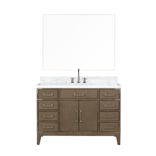 Lexora LVL48SR111 Laurel 48 inch W Grey Oak Vanity Cabinet, Carrara Marble Top, Faucet Set, and 46 in Mirror