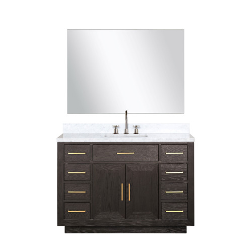 Lexora LVA48SK111 Abbey 48 inch W Brown Oak Vanity Cabinet, Carrara Marble Top, Faucet Set, and 46 in Mirror