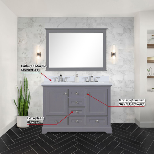 Lexora  LVD48DB311 Dukes 48 in. W x 22 in. D Dark Grey Double Bath Vanity, Cultured Marble Top, Faucet Set, 46 in. Mirror