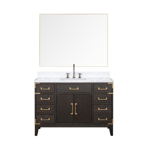 Lexora Laurel 48 inch W Brown Oak Vanity Cabinet, Carrara Marble Top, Faucet Set, and 46 in Mirror