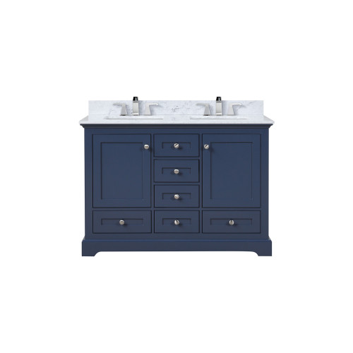 Lexora LVD48DE101 Dukes 48 in. W Navy Blue Double Sink Vanity Cabinet, Carrara Marble Top, and Faucet Set