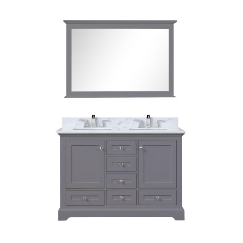 Lexora Dukes 48 in. W Dark Grey Double Sink Vanity Cabinet, Carrara Marble Top, Faucet Set, 46 in. Mirror