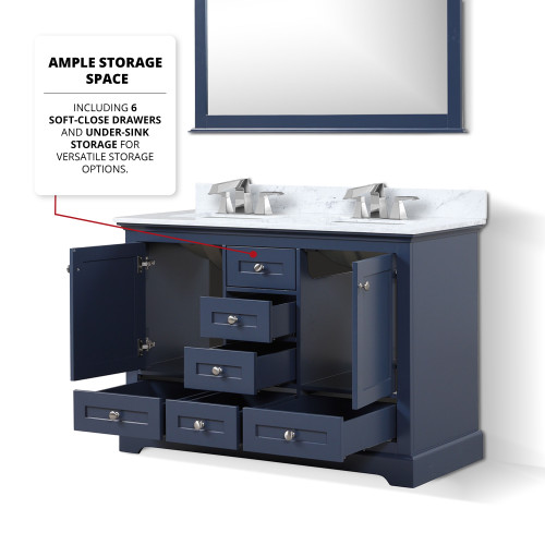 Lexora  LD342248DEDSM46F Dukes 48 in. W x 22 in. D Navy Blue Double Bath Vanity, Carrara Marble Top, Faucet Set, and 46 in. Mirror