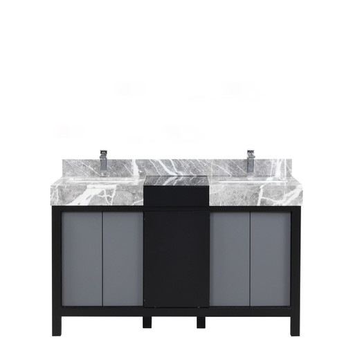 Lexora Zilara 55 inch W Black and Grey Double Sink Vanity Cabinet, Castle Grey Marble Top and Chrome Faucet Set