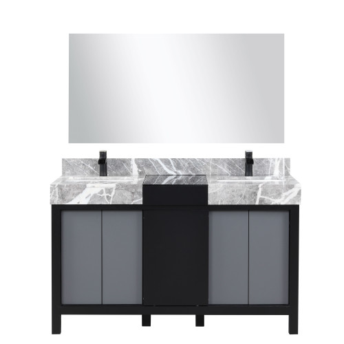 Lexora LZ342255SLISM53FCM Zilara 55 inch W Black and Grey Double Sink Vanity Cabinet, Castle Grey Marble Top, Matte Black Faucet Set and 53 in Mirror