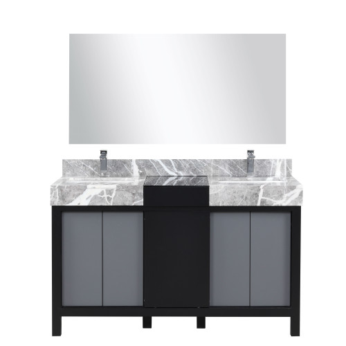 Lexora LZ342255SLISM53FMC Zilara 55 inch W Black and Grey Double Sink Vanity Cabinet, Castle Grey Marble Top, Chrome Faucet Set and 53 in Mirror