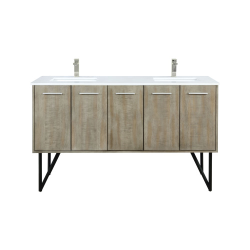 Lexora LVLY60DRA302 Lancy 60 inch W x 20 in D Rustic Acacia Double Sink Vanity Cabinet, Cultured Marble Top and Brushed Nickel Faucet Set