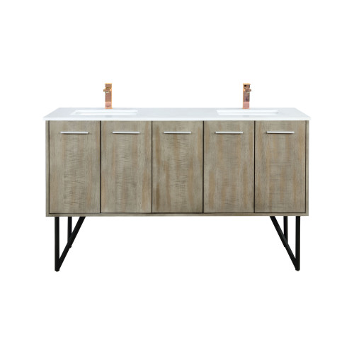 Lexora Lancy 60 inch W x 20 in D Rustic Acacia Double Sink Vanity Cabinet, White Quartz Top and Rose Gold Faucet Set