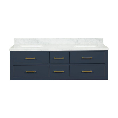 Lexora LVC60DE100 Castor 60 inch W Blue Double Sink Wall Hung Vanity Cabinet and Carrara Marble Top