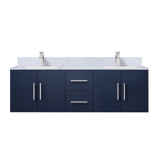 Lexora Geneva 60 in. W Navy Blue Wall Mount Double Sink Vanity Cabinet, Carrara Marble Top, and Faucet Set