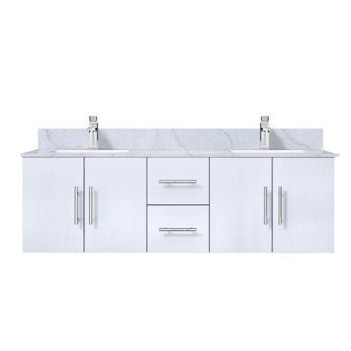 Lexora LVG60DM101 Geneva 60 in. W Glossy White Wall Mount Double Sink Vanity Cabinet, Carrara Marble Top, and Faucet Set
