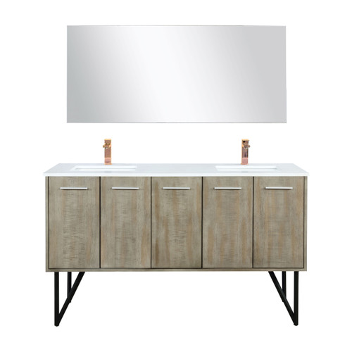 Lexora Lancy 60 inch W x 20 in D Rustic Acacia Double Sink Vanity Cabinet, White Quartz Top, Chrome Faucet Set and 55 in Mirror