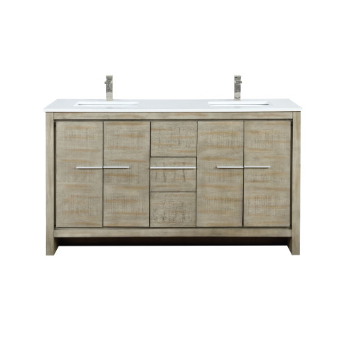 Lexora LLF60DKSOD000FBN Lafarre 60 inch W x 20 in D Rustic Acacia Double Sink Vanity Cabinet, White Quartz Top and Brushed Nickel Faucet Set