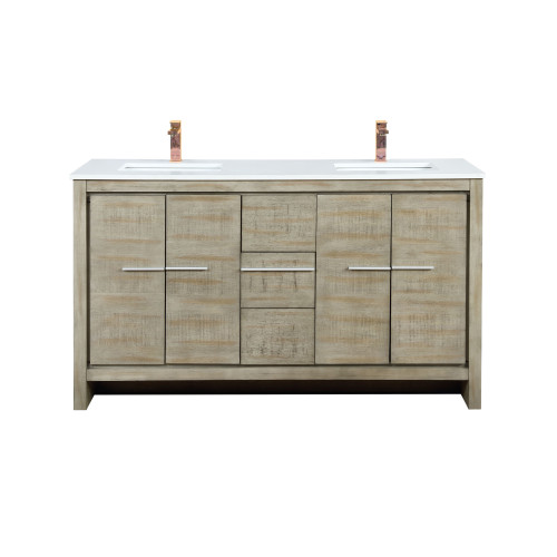Lexora Lafarre 60 inch W x 20 in D Rustic Acacia Double Sink Vanity Cabinet, White Quartz Top and Rose Gold Faucet Set