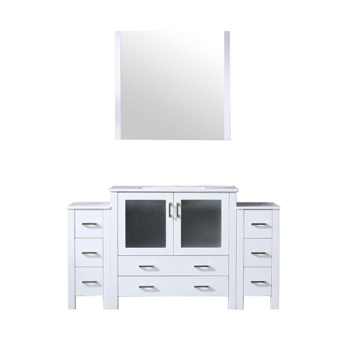 Lexora LV341860SAESM34 Volez 60 inch W White Bath Vanity Cabinet with Side Cabinets, White Ceramic Top, and 34 in Mirror